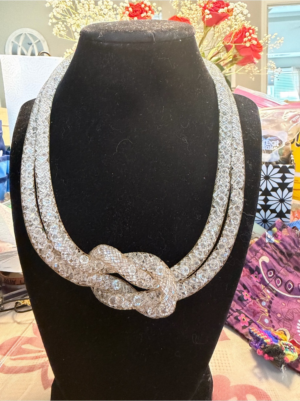Elegant Crystal Knot Statement Necklace in Silver